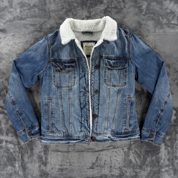 Abercrombie Fitch Sherpa Lined Denim Jacket Men S Blue Trucker Distressed - Picture 1 of 8